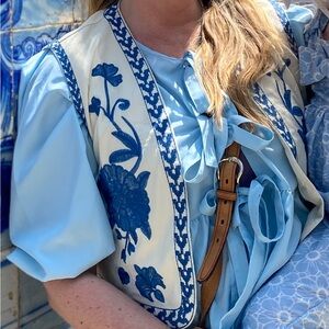 Blue Floral Embroidered Women's Vest